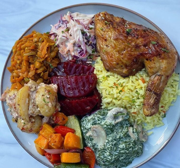 Mixed Platter with Roast Chicken, Yellow Rice, and Assorted Sides